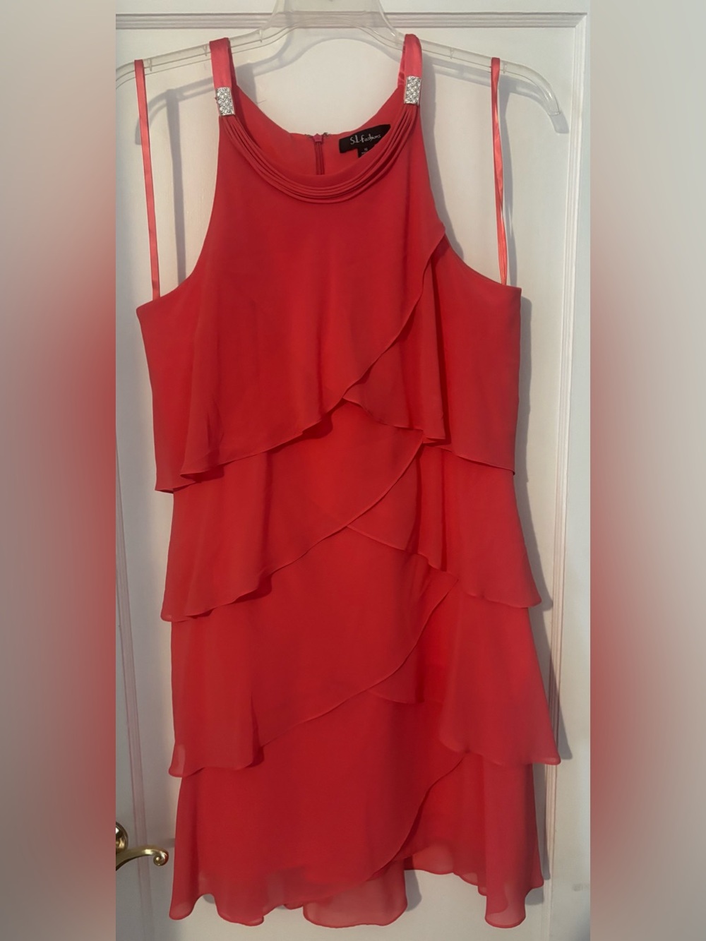 S.L. Fashions Red Asymmetrical Ruffle Halter Dress - Coral